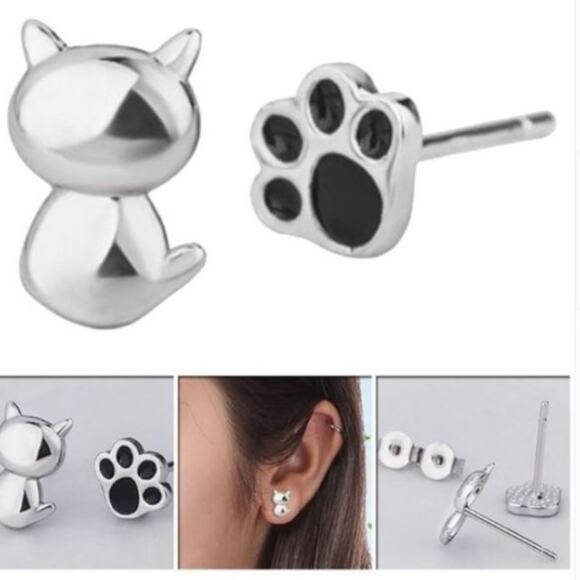 Small Cat and Paw Print Post Earrings - Picture 1 of 2